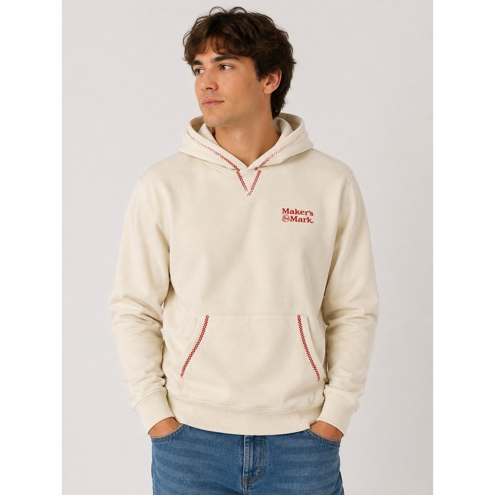 Maker's Mark Cream Hoodie Red Stitch Logo Pullover Sweatshirt Medium